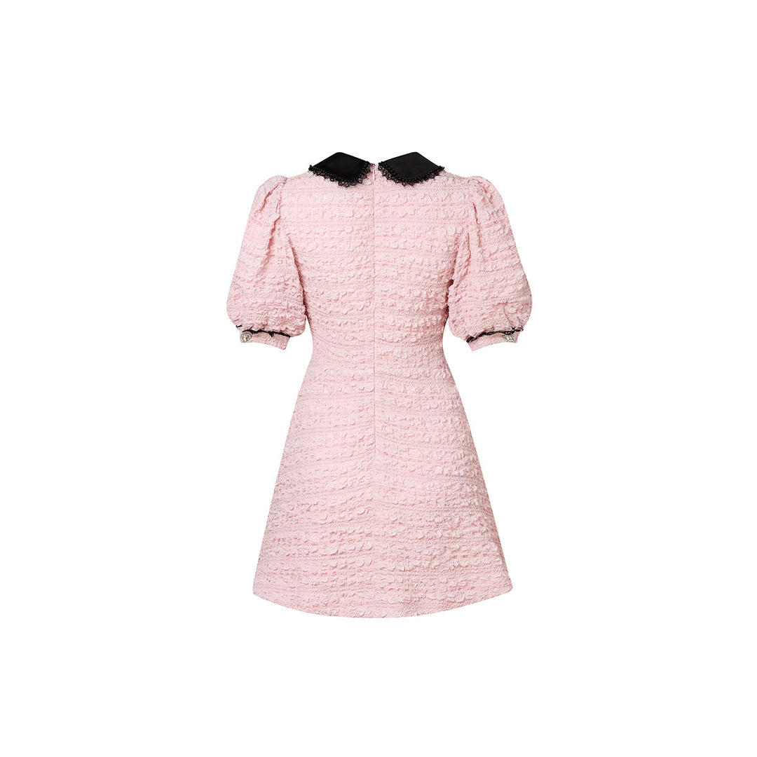 Diana Vevina Puff Sleeve Textured Crinkle Dress Black/Pink - GirlFork
