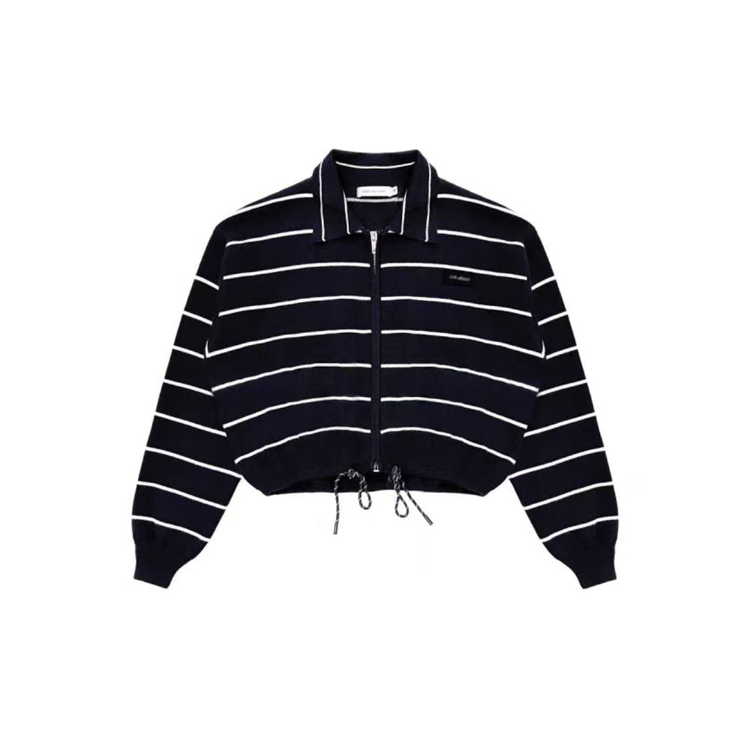 AsGony Contrast Color Drawstring Polo Knit Cardigan Navy Blue