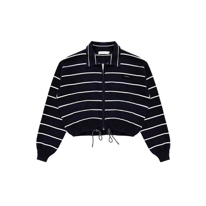 AsGony Contrast Color Drawstring Polo Knit Cardigan Navy Blue