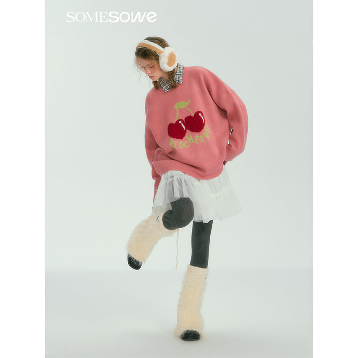 SomeSowe Cherry Jacquard Silhouette Knit Sweater Pink