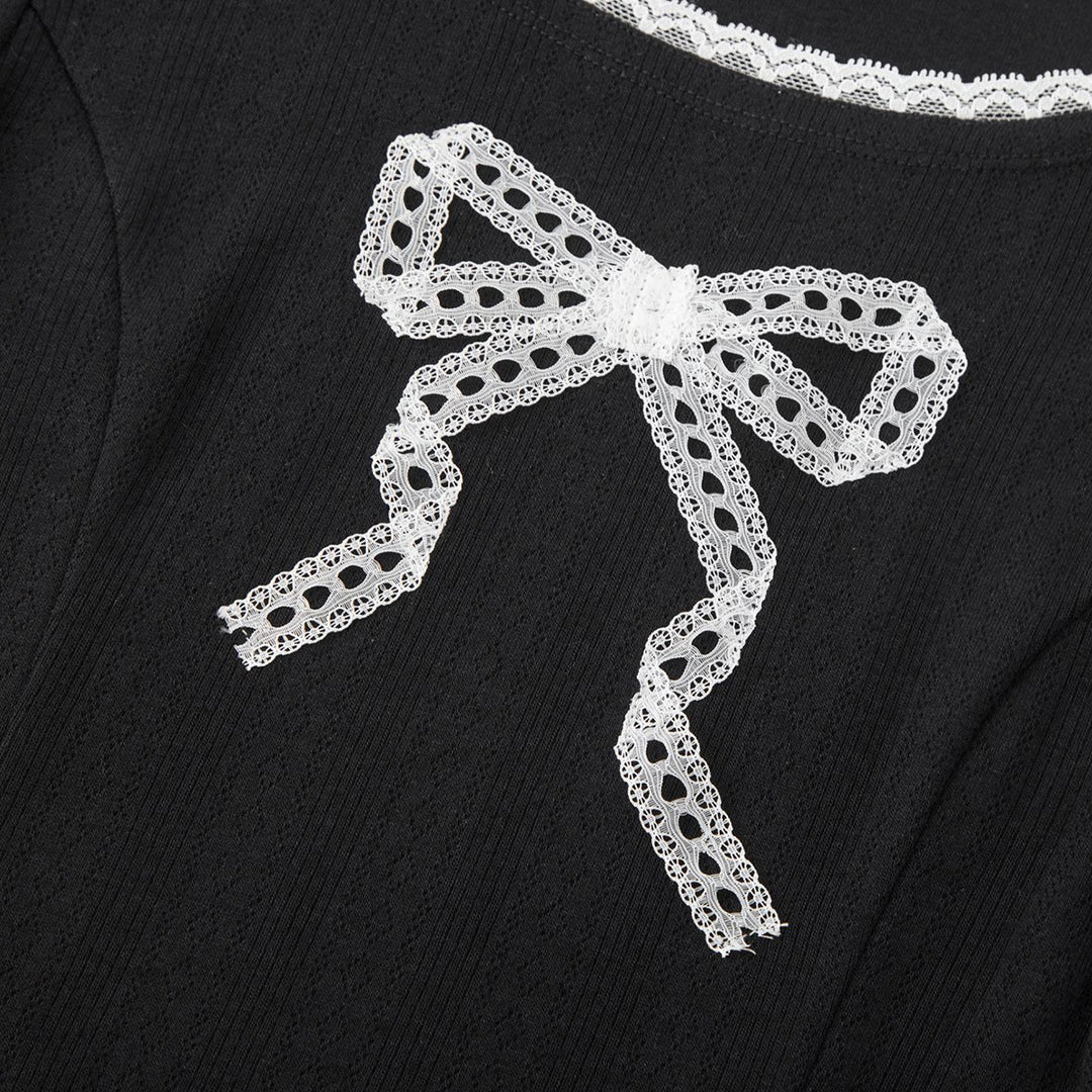 SomeSowe Lace Bow Splice Long Sleeve T-Shirt