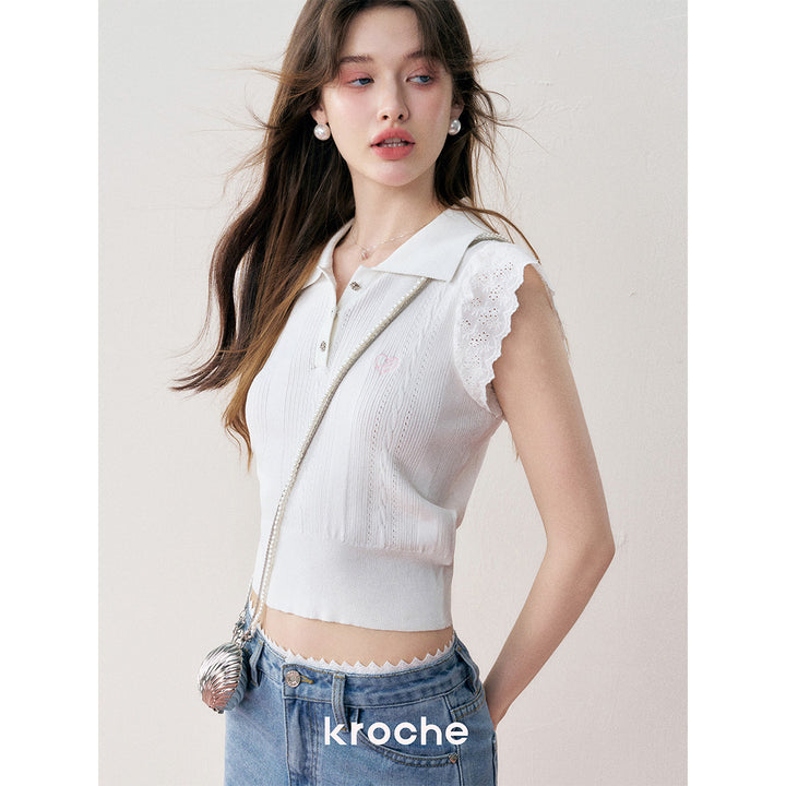 Kroche Lace Patchwork Embroidery Knit Top White