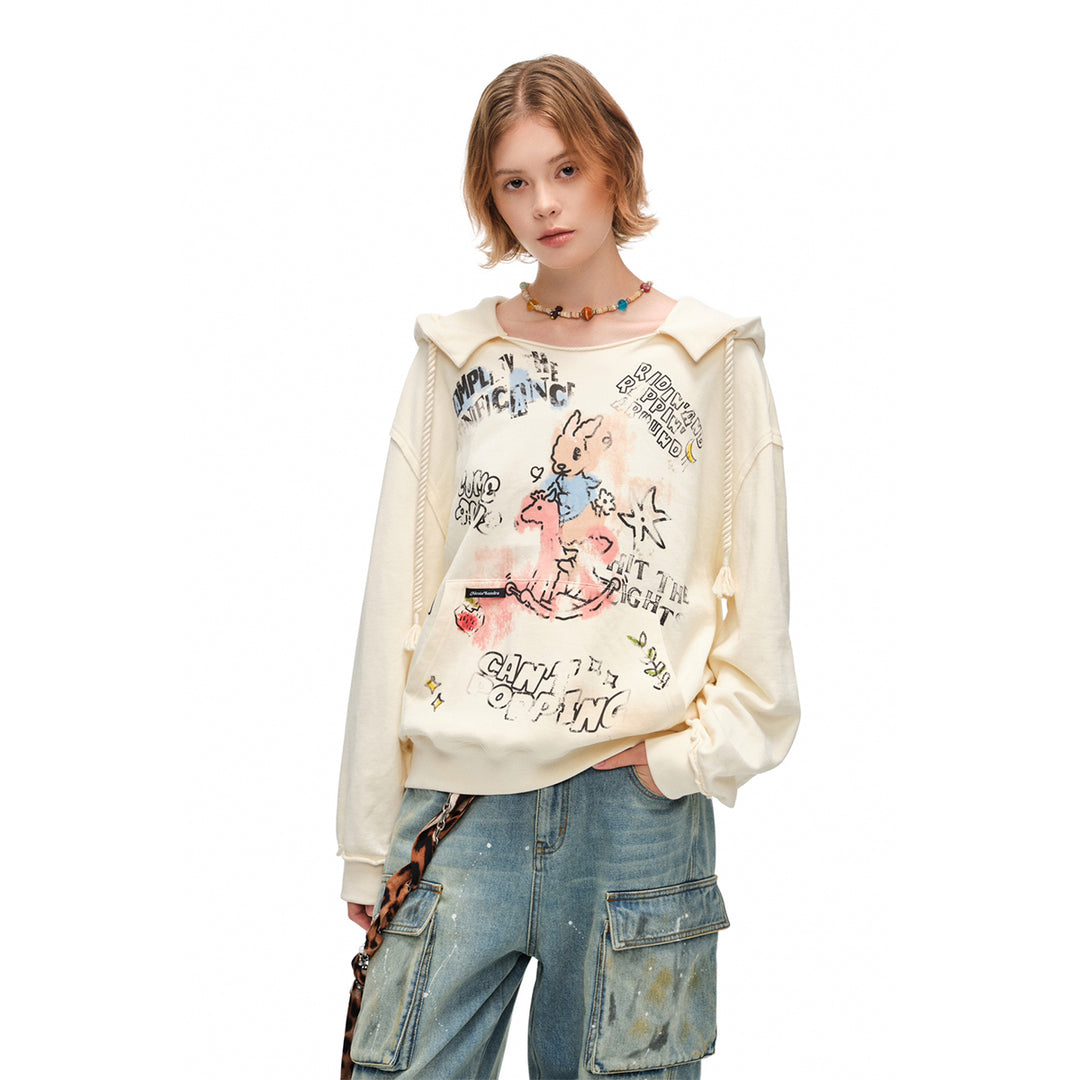 Alexia Sandra Printed Graffiti Rabbit Distressed Hoodie Yellow