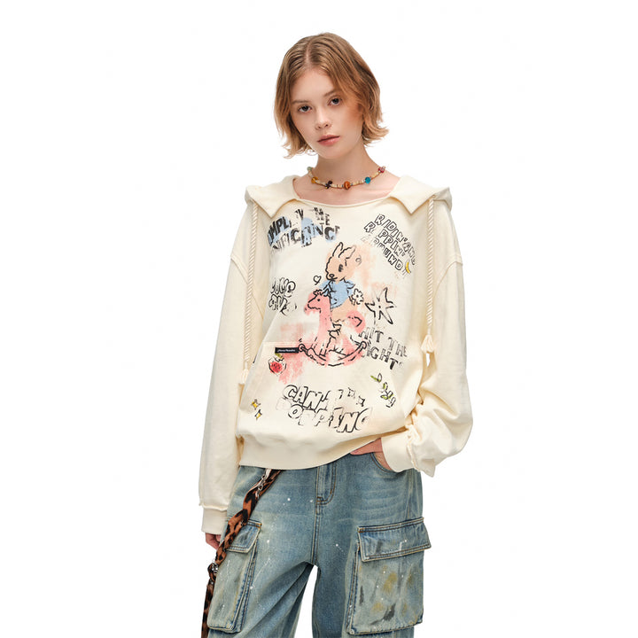 Alexia Sandra Printed Graffiti Rabbit Distressed Hoodie Yellow