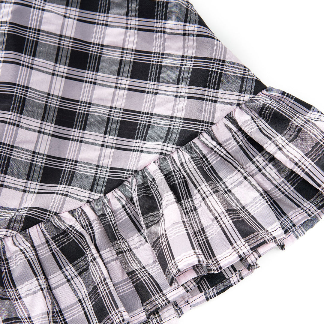 Kroche Wrinkle Hem High Waist Plaid Long Skirt