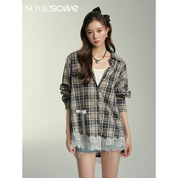 SomeSowe Patched Lace Textured Plaid Shirt