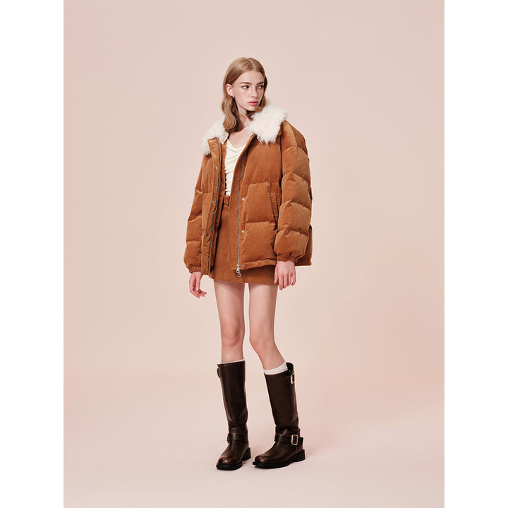 Rocha Roma Fur Lapel Corduroy Down Jacket Khaki