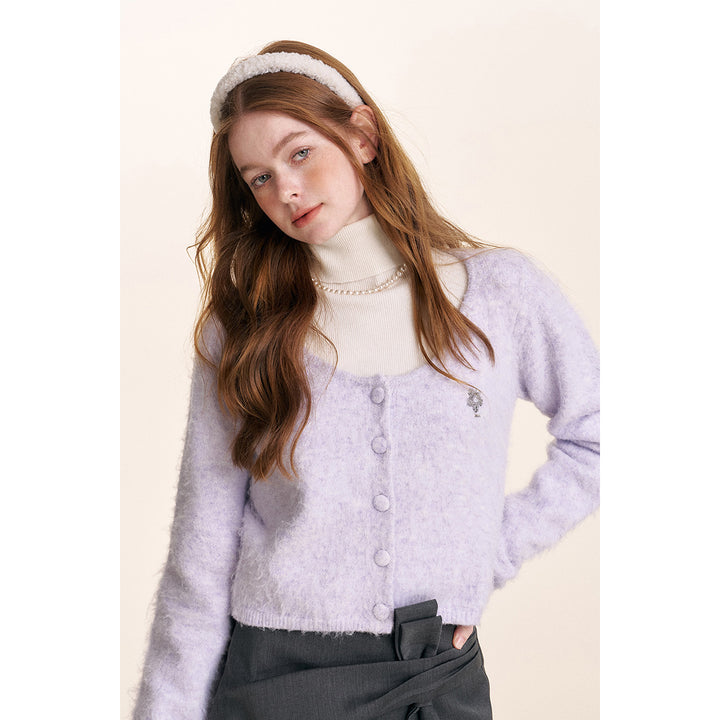 Kroche Sequin Embroidery U-Neck Woolen Cardigan Purple