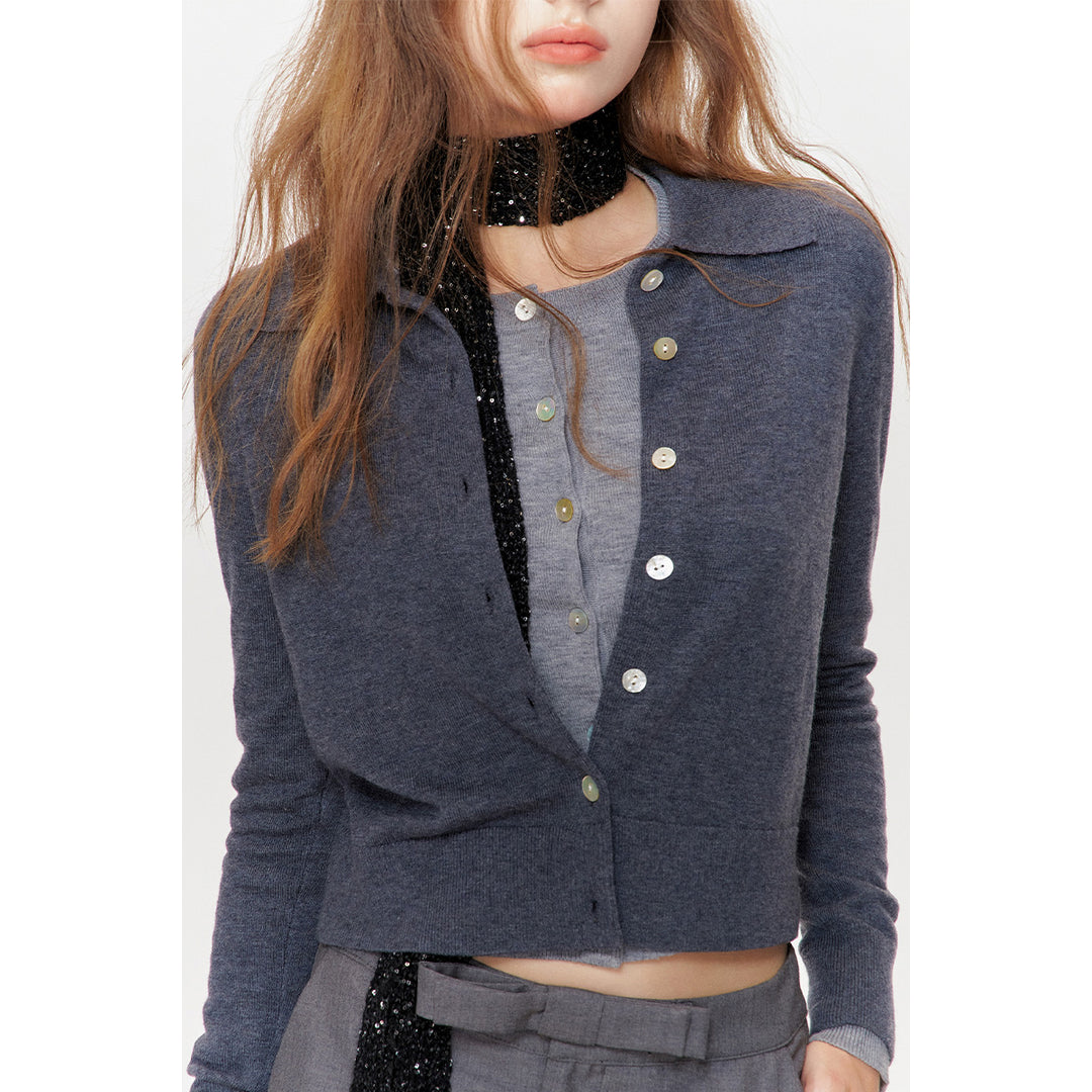 Kroche Shell Button Knitted Polo Cardigan Dark Gray