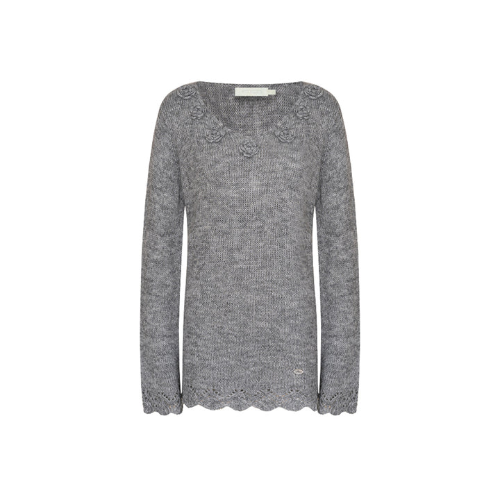 Kroche Hand Crochet Hollow Out V-Neck Knit Top Gray