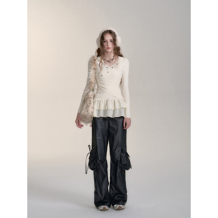 Via Pitti Irregular Button Hooded Woolen Top White