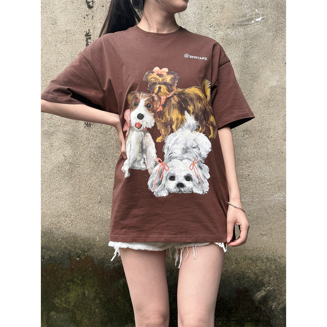 Shiitake Puppy Family Printed T-Shirt Brown