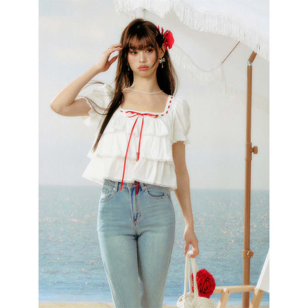 AsGony Puff Sleeve Square Neck Bow Tie Top