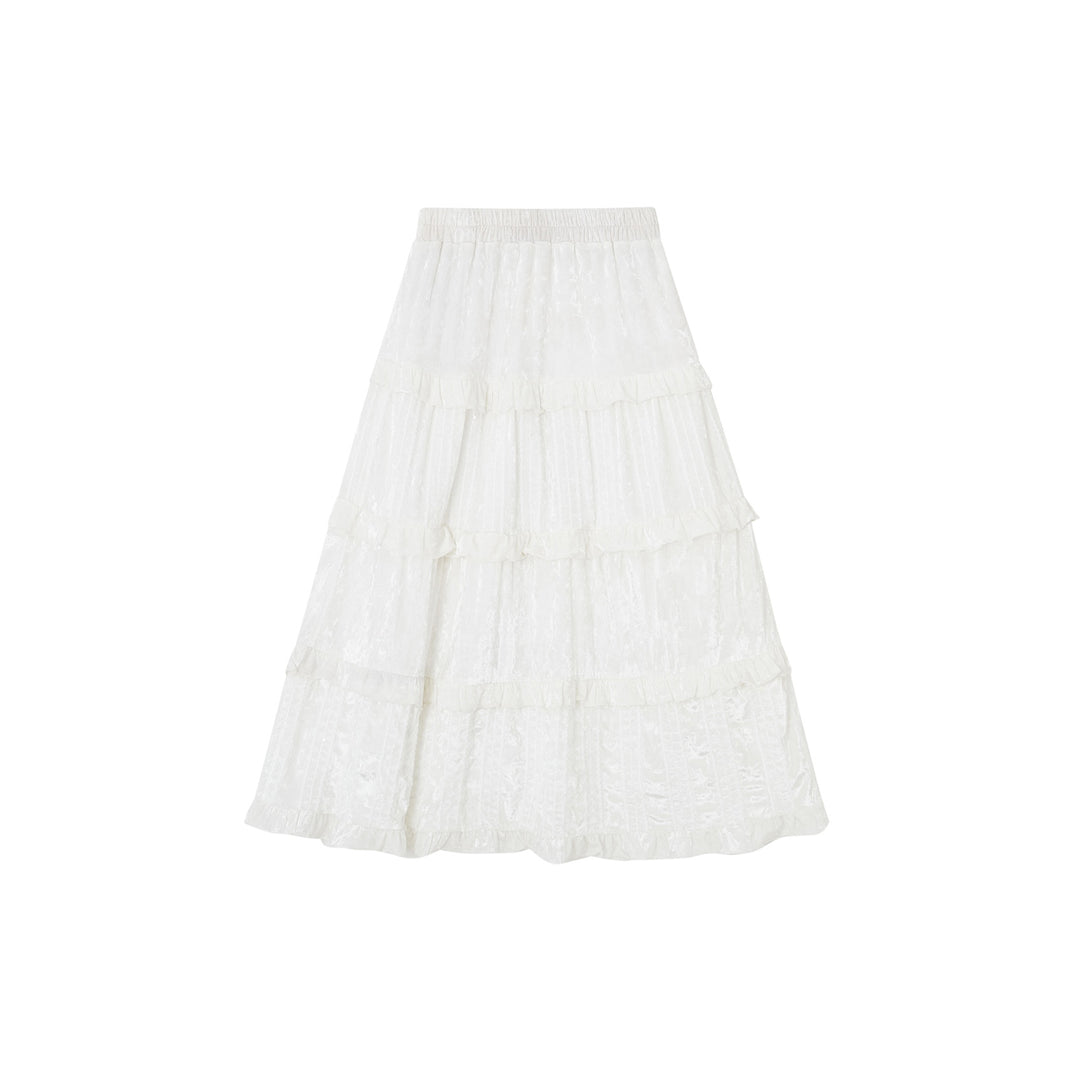 SomeSowe Ruffled Velvet Puffy Long Skirt White