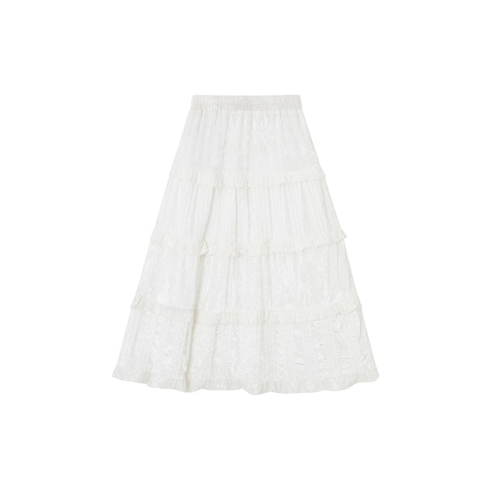 SomeSowe Ruffled Velvet Puffy Long Skirt White