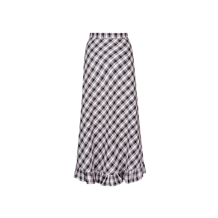 Kroche Wrinkle Hem High Waist Plaid Long Skirt