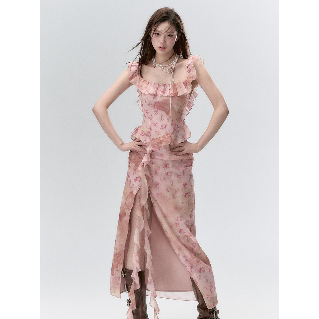 Via Pitti Distressed Ribbon Halter Floral Long Dress