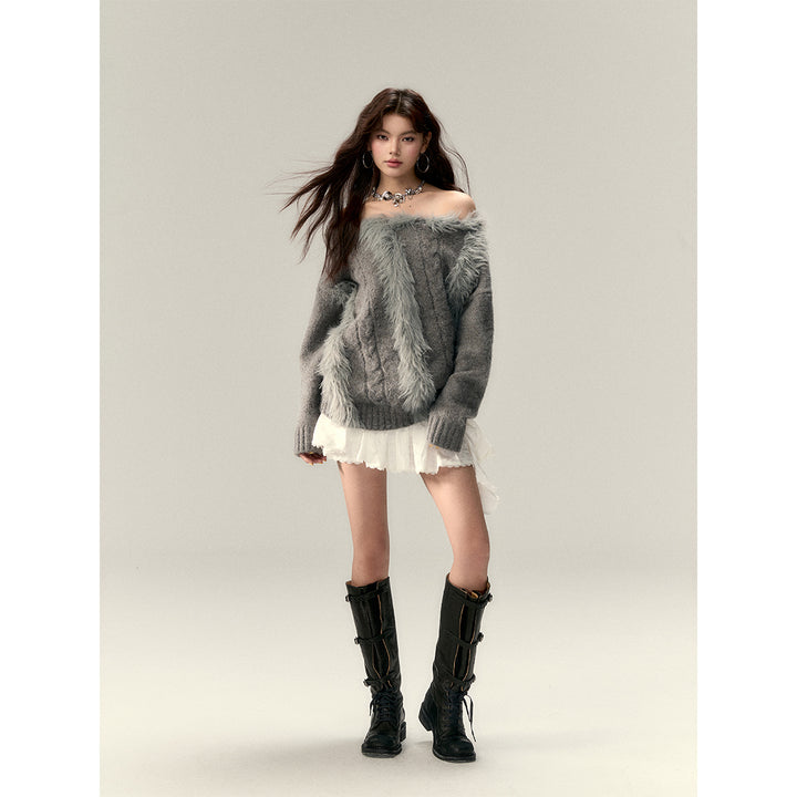 Via Pitti Off Shoulder Fur Integrated Knit Sweater Gray