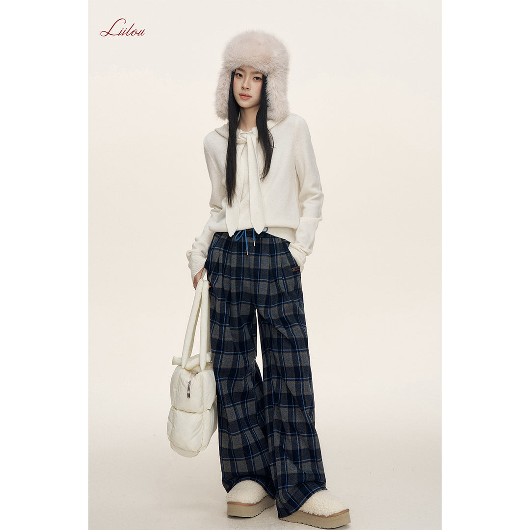 Liilou Contrast Color Plaid Tweed Thicken Casual Pants