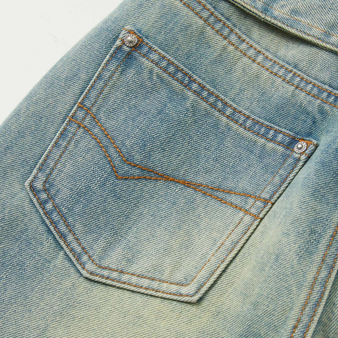 Three Quarters Distressed Washed Belt Flare Jeans Blue