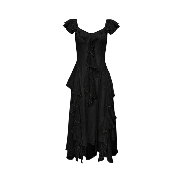 AsGony Ruffled Patchwork Slip Long Dress Black