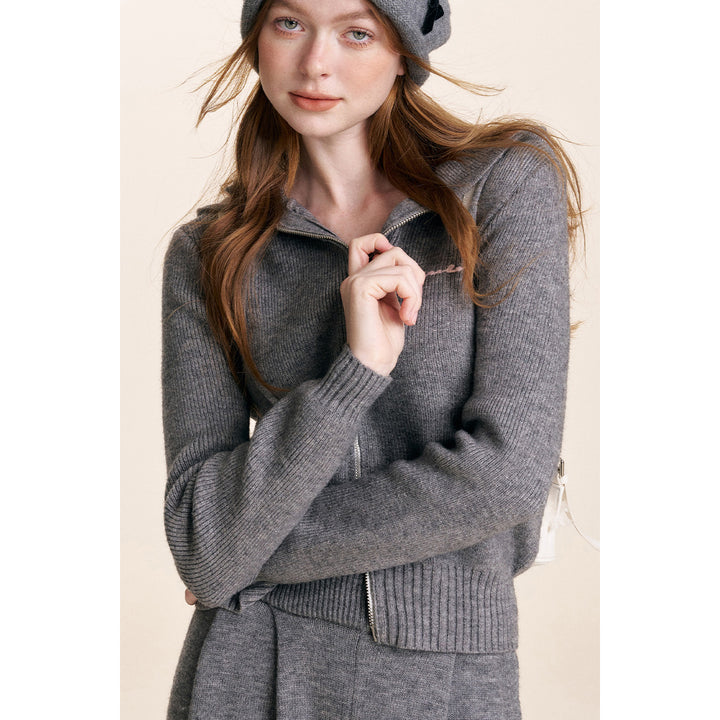 Kroche Blended Woolen Double Zipper Knit Hoodie Gray