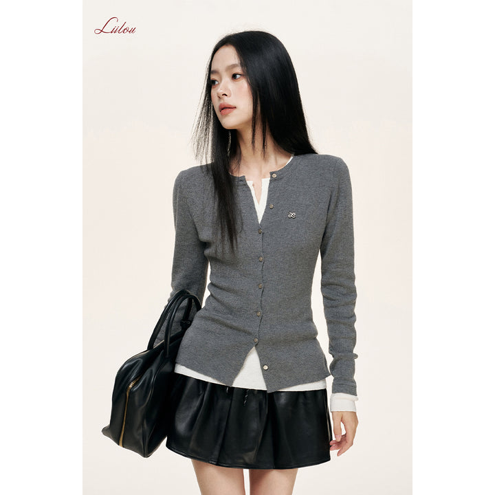 Liilou Fake-2-Piece Contrast Color Slim Knit Top Gray