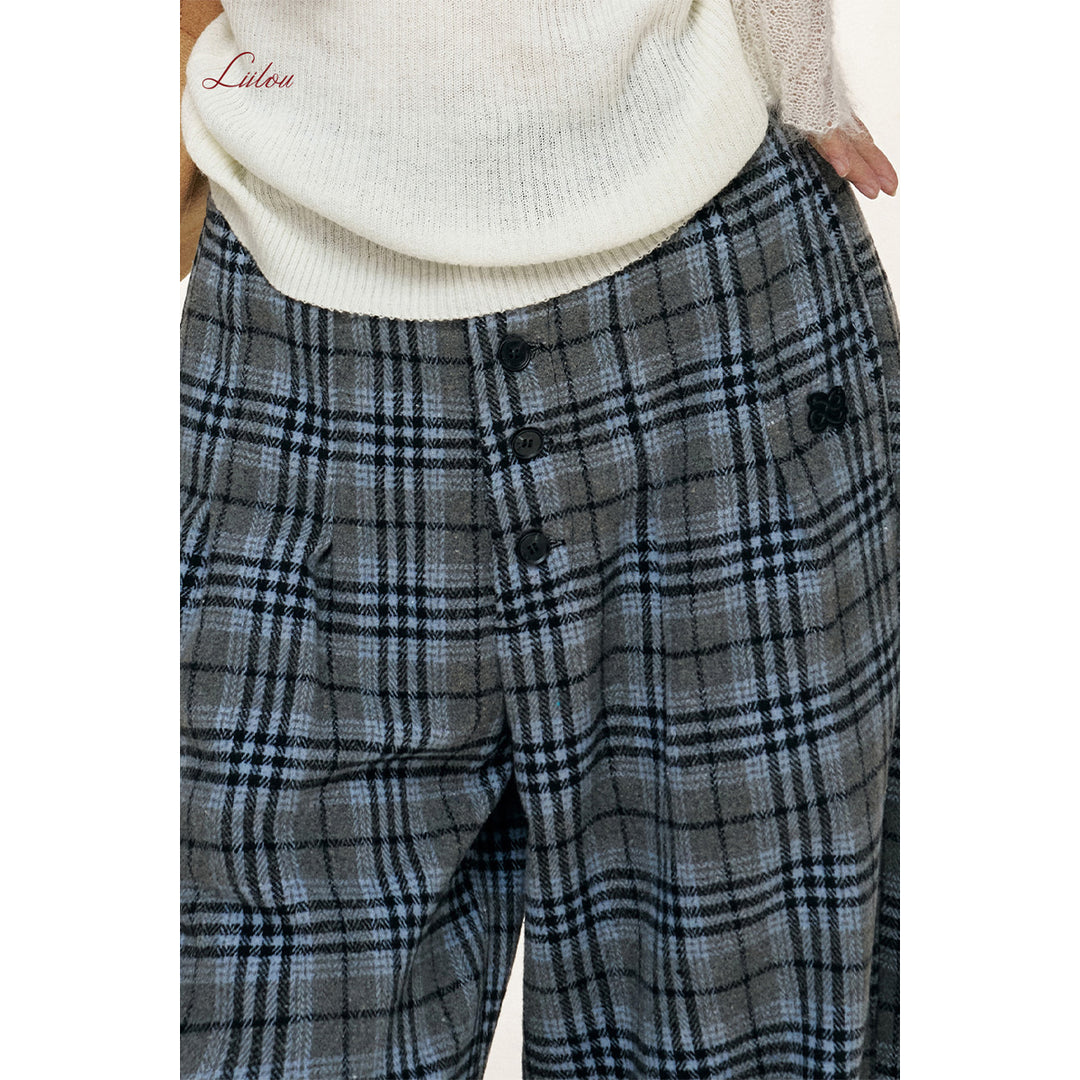 Liilou Plaid Contrast Color Wide-Leg Tweed Pants Blue