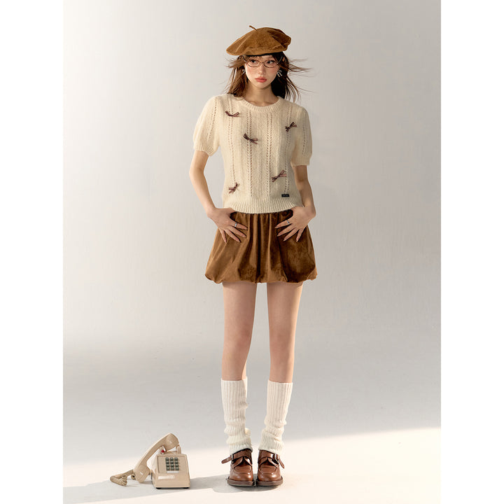 AsGony Bow Tie Puff Sleeve Knit Top Beige