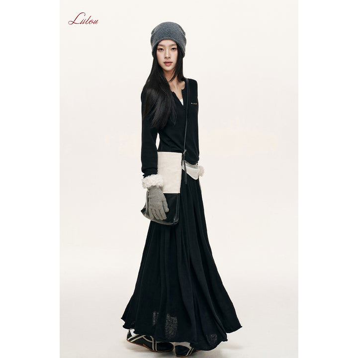 Liilou Draped Elastic-Waist Woolen A-Line Long Skirt Black