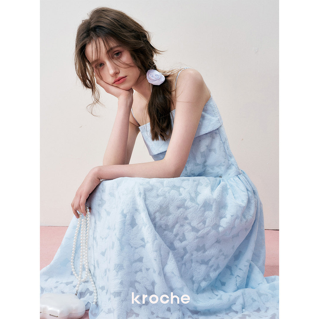Kroche French Jacquard Halter Long Dress Blue