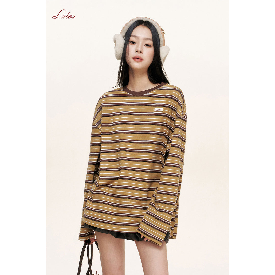 Liilou Athflow Contrast Color Striped L/S Top Brown