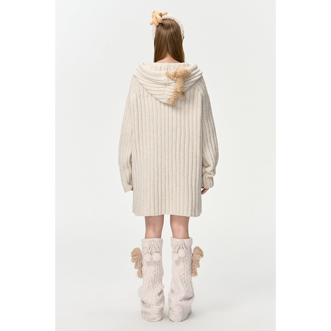 13De Marzo Plush Bear Hooded Knit Dress Sweater Beige