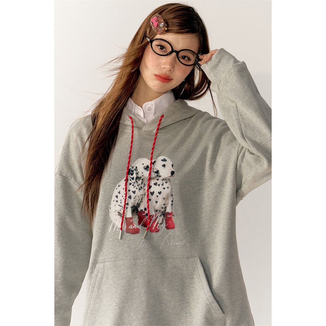 AsGony Printed Spotted Puppy Casual Hoodie Gray