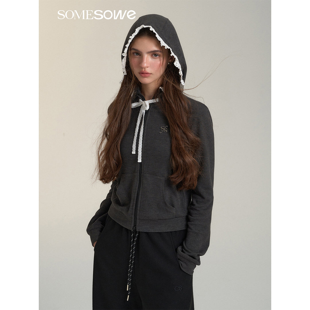 SomeSowe Lace Edge Slim Zip Up Hoodie Gray