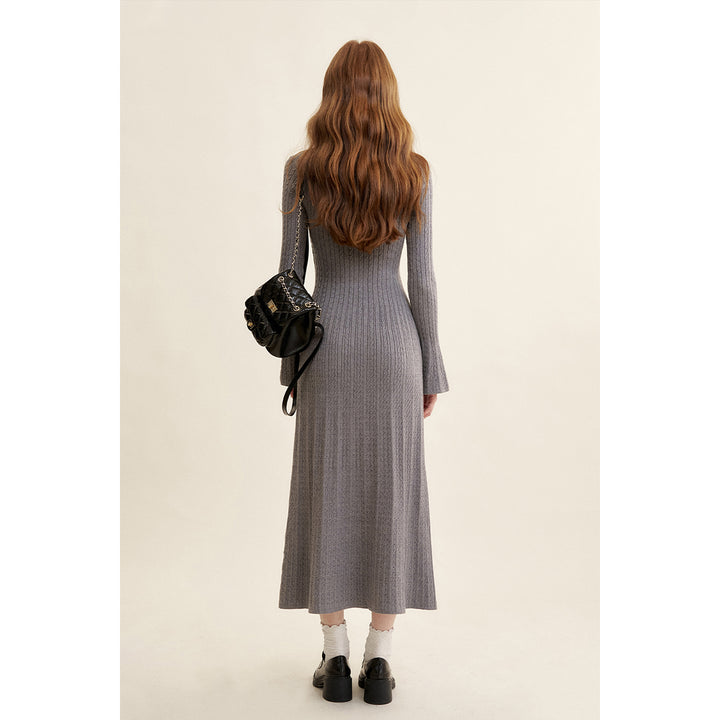 Kroche Fake-2-Piece Lace Edge Thicken Knit Long Dress Gray