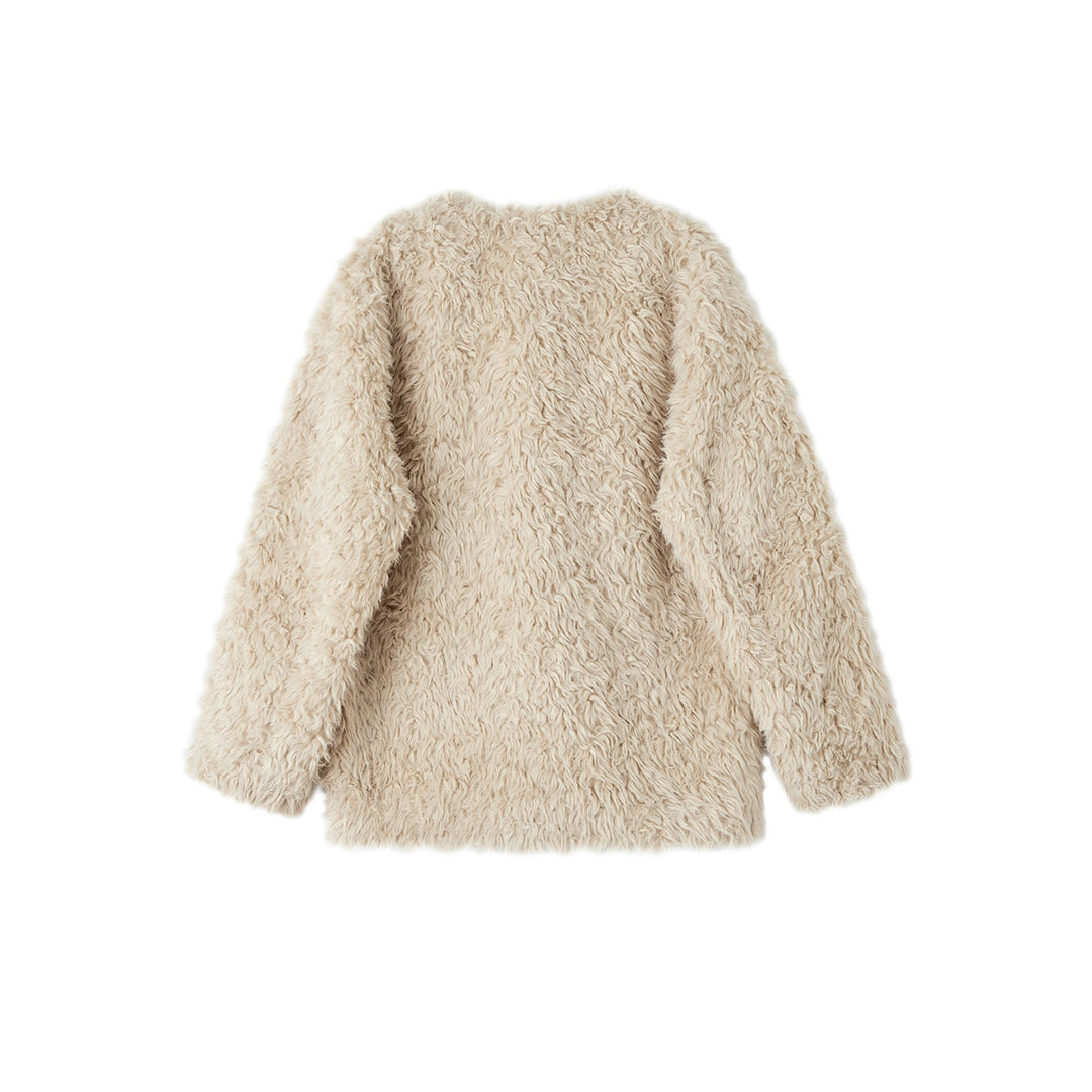 SomeSowe Horn Button Furry Long Jacket Beige