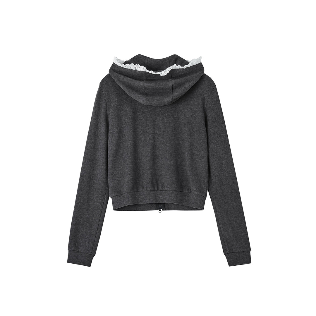 SomeSowe Lace Edge Slim Zip Up Hoodie Gray