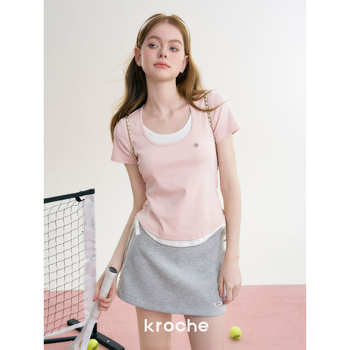 Kroche Fake-2-Piece Slim Fit Short Sleeved Top Pink