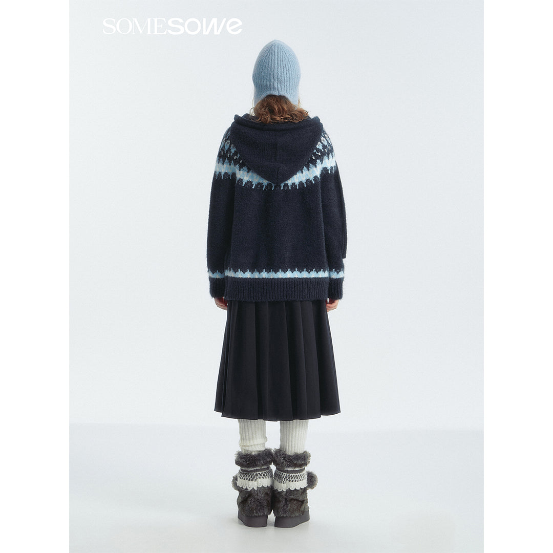 SomeSowe Fair Isle Hooded Knit Cardigan Navy Blue