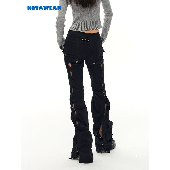 NotAwear Cargo Detachable Hollow Cutting Flare Jeans Black - Mores Studio
