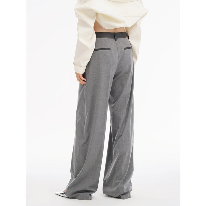 Cottia Leather Stitching Wide-Leg Pleated Pants Grey