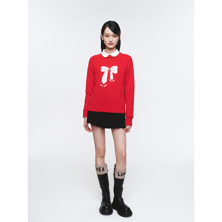 Herlian Contrast Color Bow Knitted Sweater Red