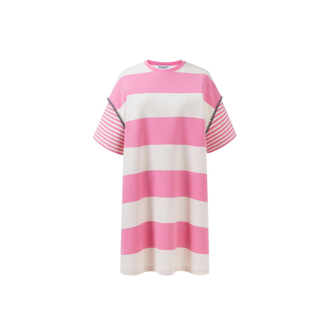 Three Quarters Striped Contrast Stitched Dress Pink - Mores Studio