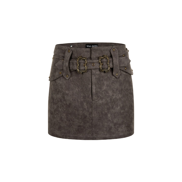 Via Pitti Metal Decor Belt Quilted Leather Skirt Grey - Mores Studio