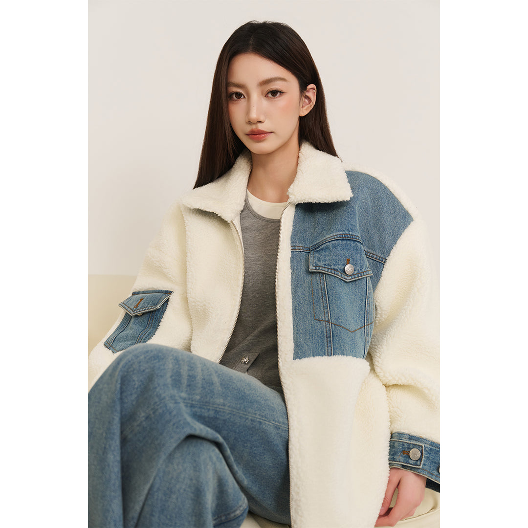 Three Quarters Denim Patchwork Wool Coat Blue