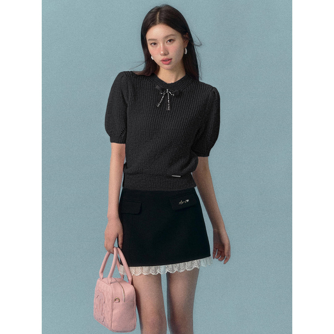 AsGony Bow Knot Short Sleeved Knit Top Black