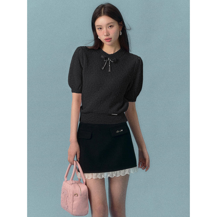 AsGony Bow Knot Short Sleeved Knit Top Black