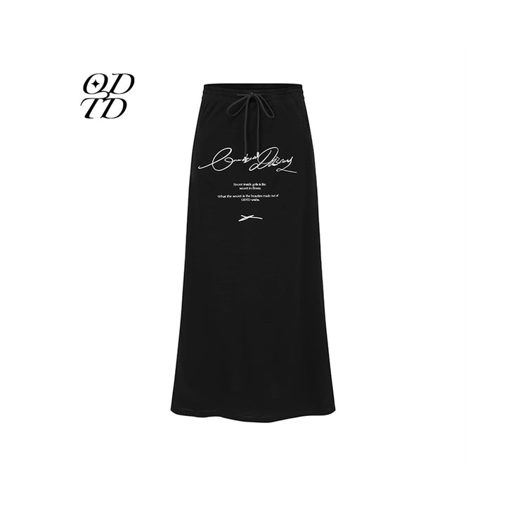 ODTD Printed Slogan Drawstring Maxi Skirt Black