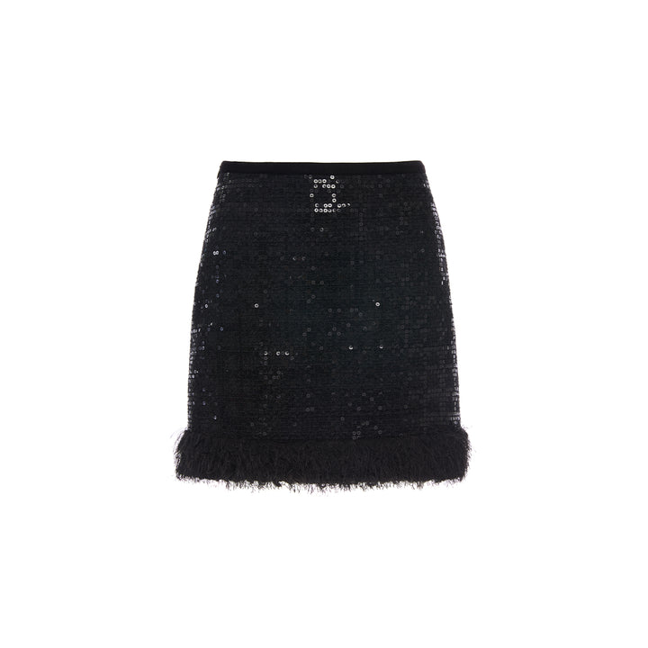 Rocha Roma Sequin Tweed Fluffy Edge Skirt Black